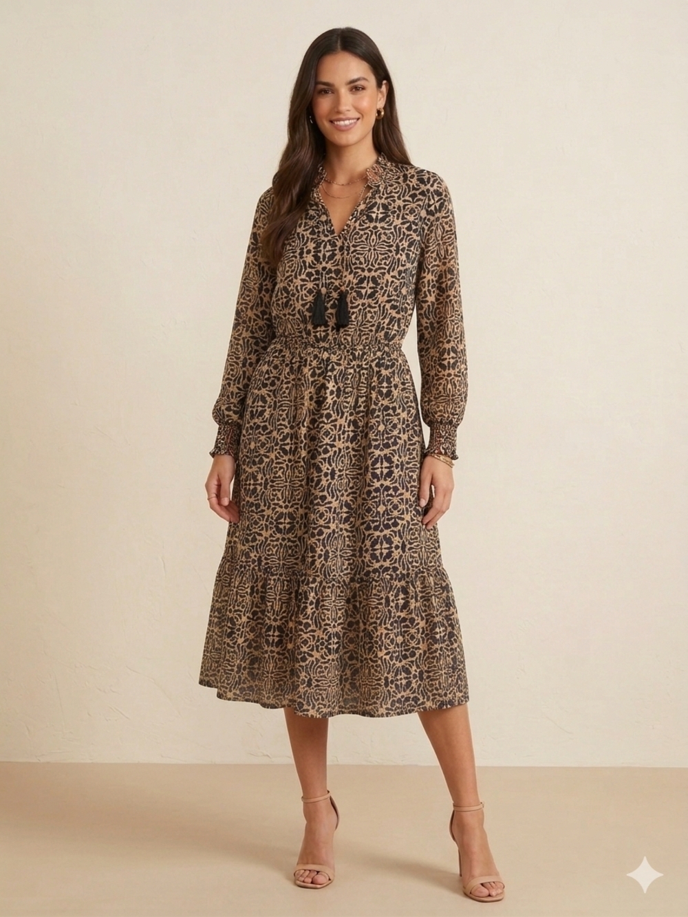 Neutral Floral Tie-Front Midi Dress with Smocked Waist